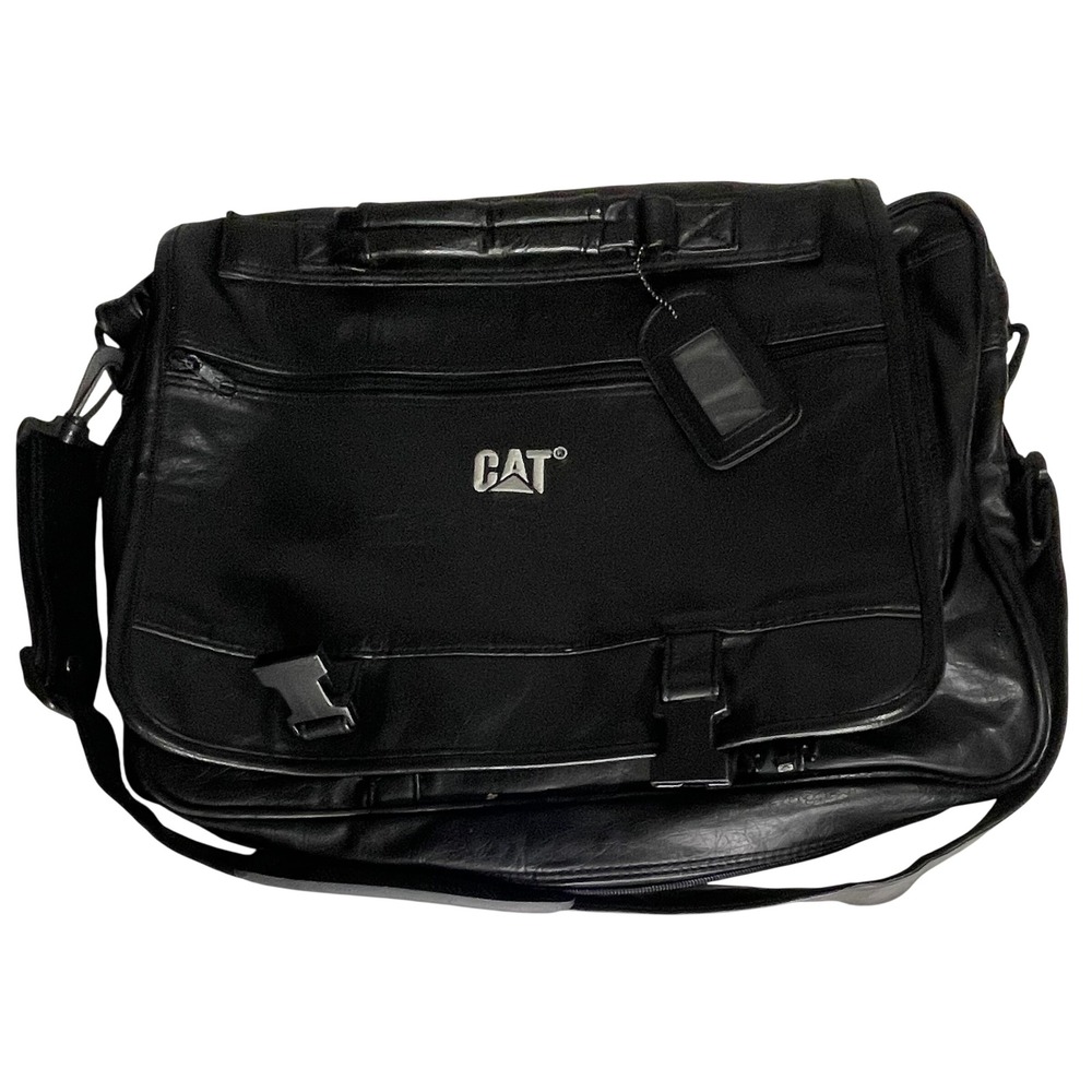 Vintage CAT Caterpillar Black Faux Leather Messenger Bag Laptop Briefcase Work